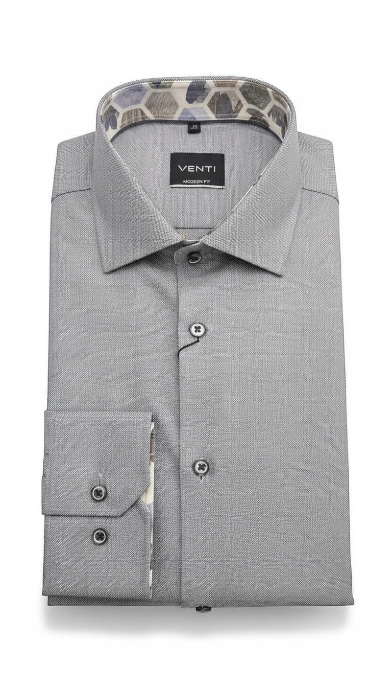 Venti grey modern-fit long sleeve cotton shirt with a spread collar, birdseye texture and floral inner collar trim.