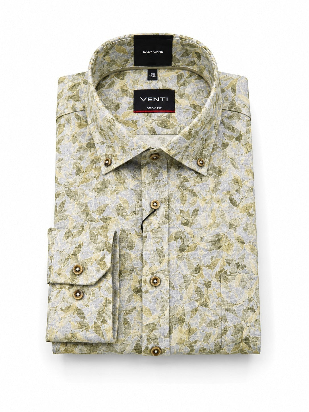 Barutti.ae VENTI body fit long sleeve shirt in olive and sage leaf print with button-down collar and contrast buttons.