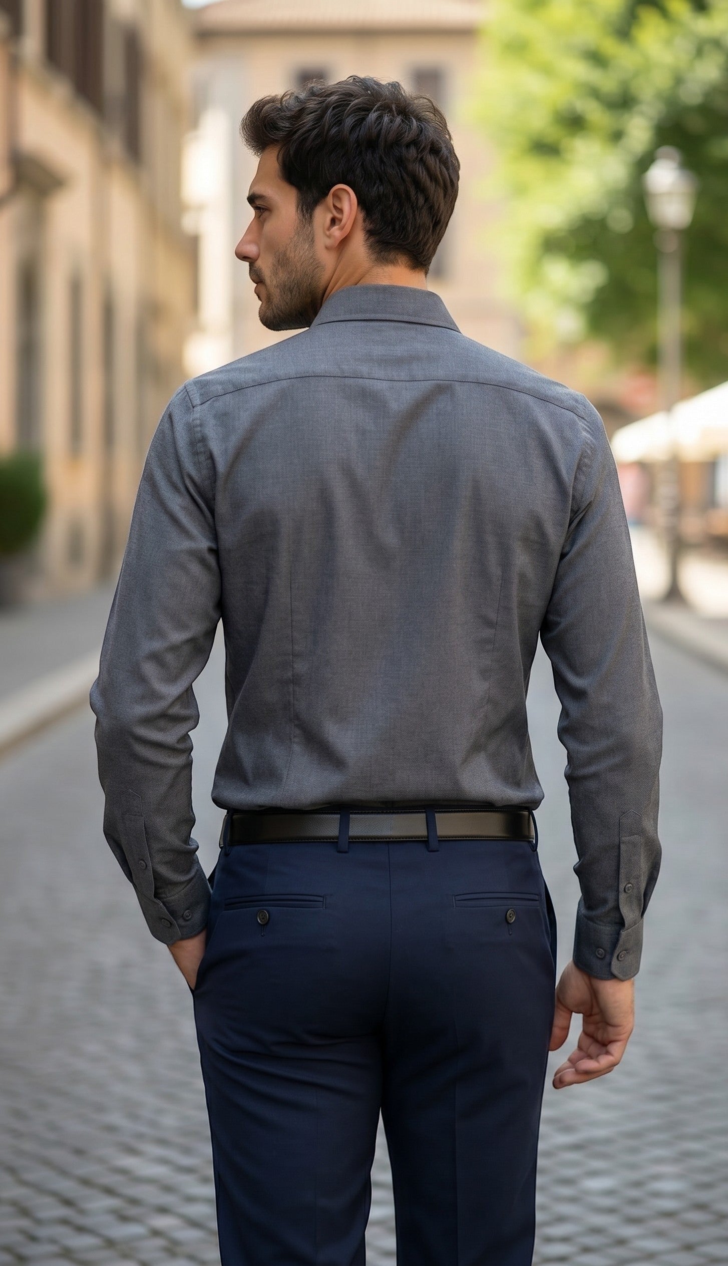 Barutti.ae Venti modern fit navy blue long sleeve button down dress shirt with micro-texture, back view on a man.