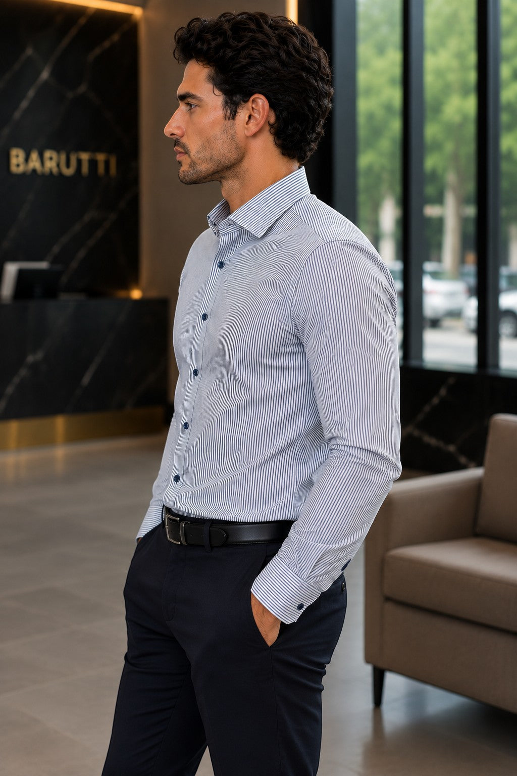 Barutti.ae Venti navy striped modern-fit long-sleeve cotton shirt worn by a man in a professional setting