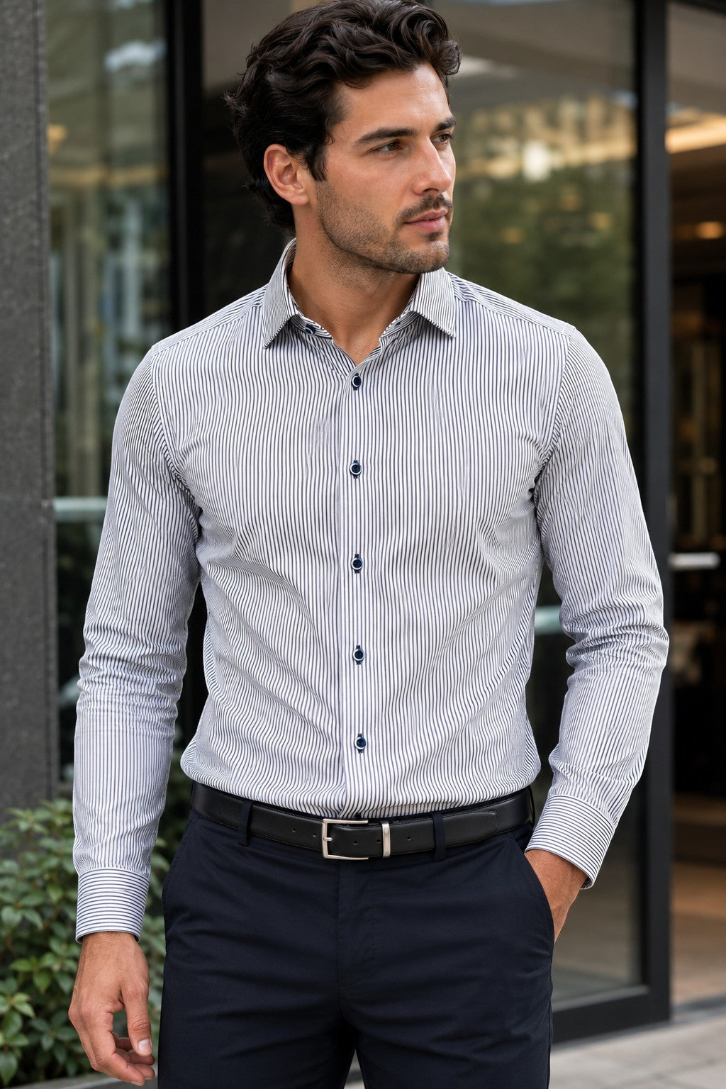 Barutti.ae Venti navy striped modern-fit cotton shirt worn by a man with a structured collar and clean front design.