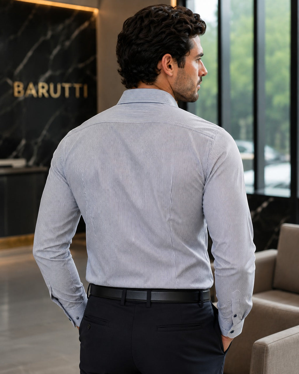 Barutti.ae Venti navy striped modern-fit long-sleeve cotton shirt viewed from the back in a formal setting