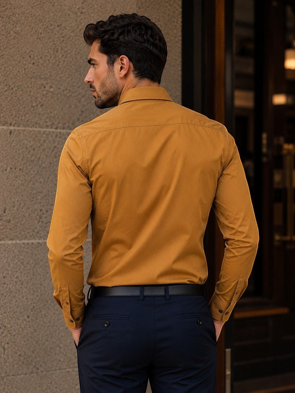 Barutti.ae Venti ochre long sleeve button down shirt worn by a man in a modern fit, back view.