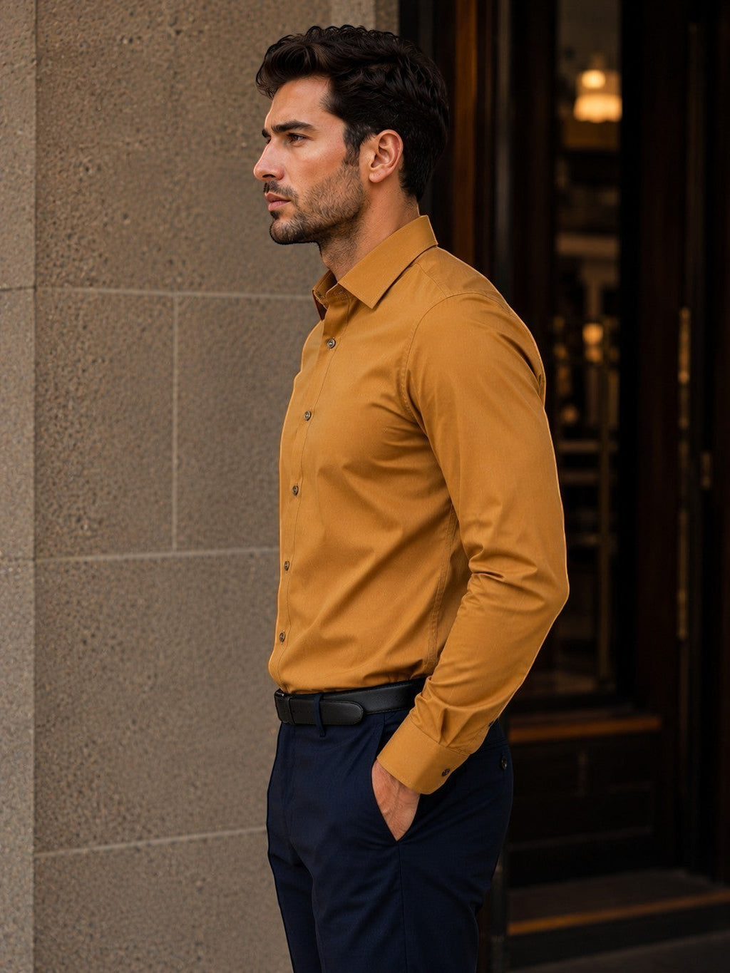 Barutti.ae Venti ochre long sleeve formal button down shirt worn by a man in a modern tailored fit