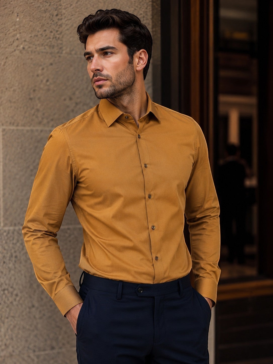 Barutti.ae Venti ochre long sleeve formal button down shirt with a modern fit worn by a man in a professional setting