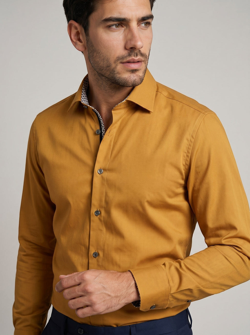 Barutti.ae Venti ochre long sleeve formal shirt with patterned collar lining worn by a man in a modern fit.