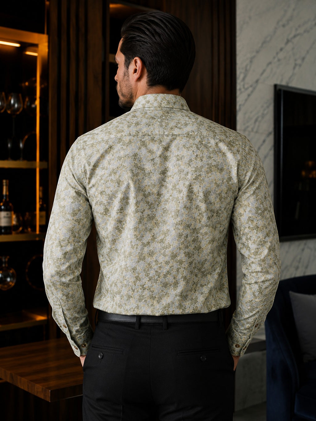 Barutti.ae Venti body-fit shirt in olive and sage leaf print with button-down collar, viewed from the back.
