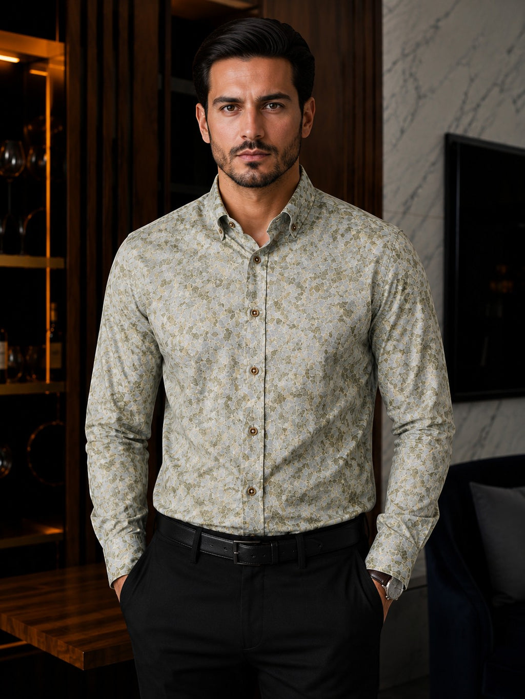 Barutti.ae Venti body-fit shirt featuring an olive and sage leaf print, button-down collar, and contrast buttons.
