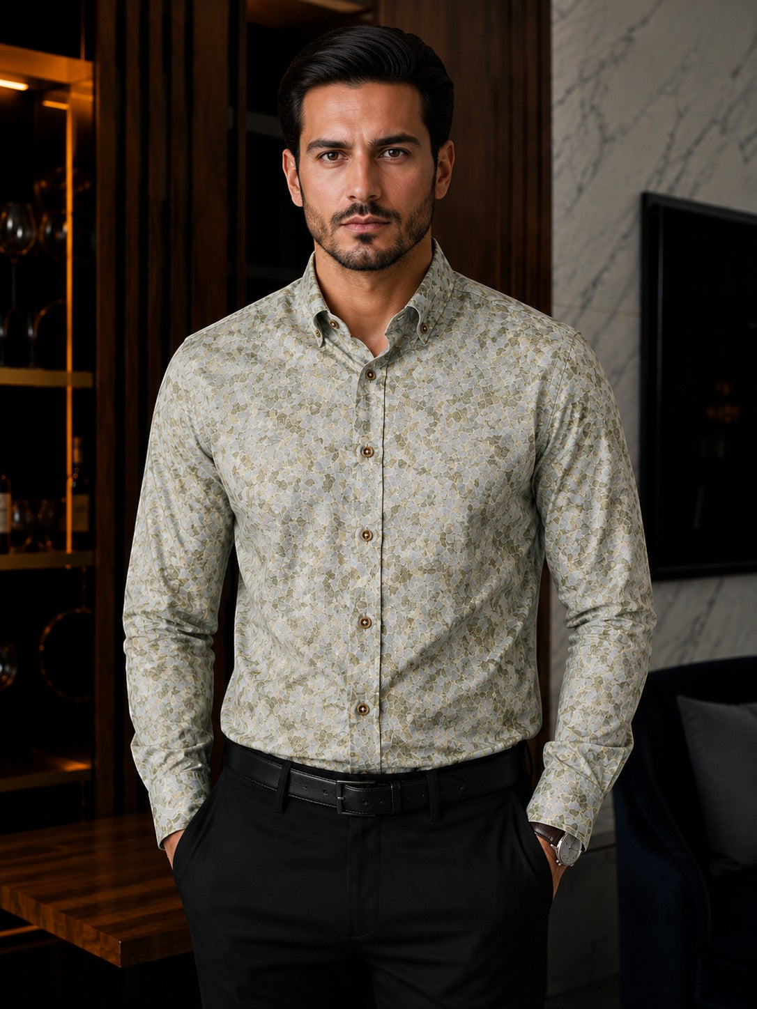 Barutti.ae Venti body-fit shirt featuring an olive and sage leaf print, button-down collar, and contrast buttons.
