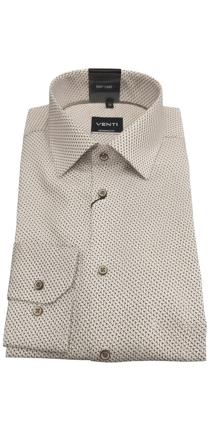 Venti beige modern-fit long sleeve dress shirt with a subtle geometric micro-print and spread collar