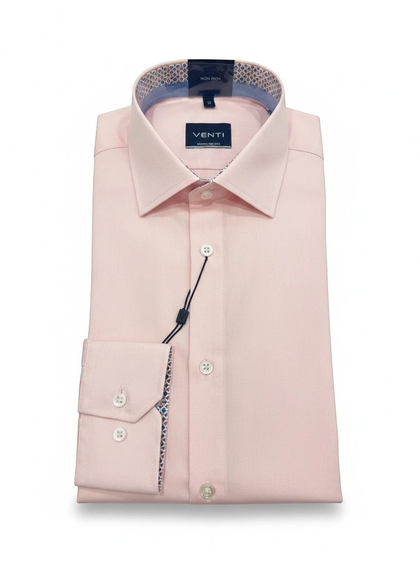 Barutti.ae VENTI pink non-iron long sleeve dress shirt with patterned contrast collar and cuff detailing.