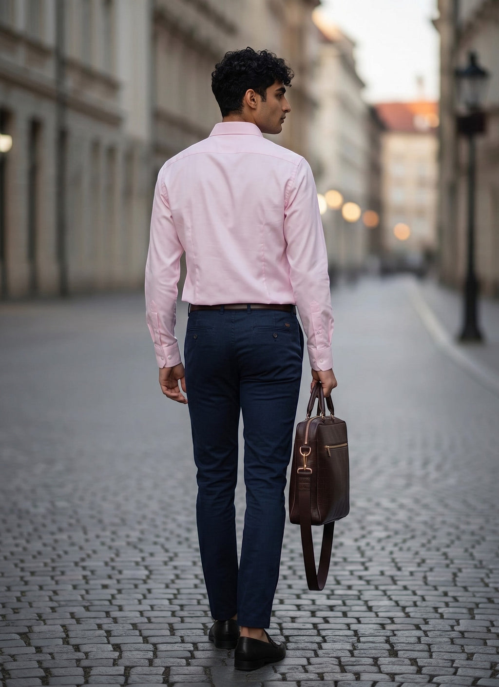 Barutti.ae VENTI modern fit pink long sleeve dress shirt worn by a man walking on a cobblestone street with a briefcase