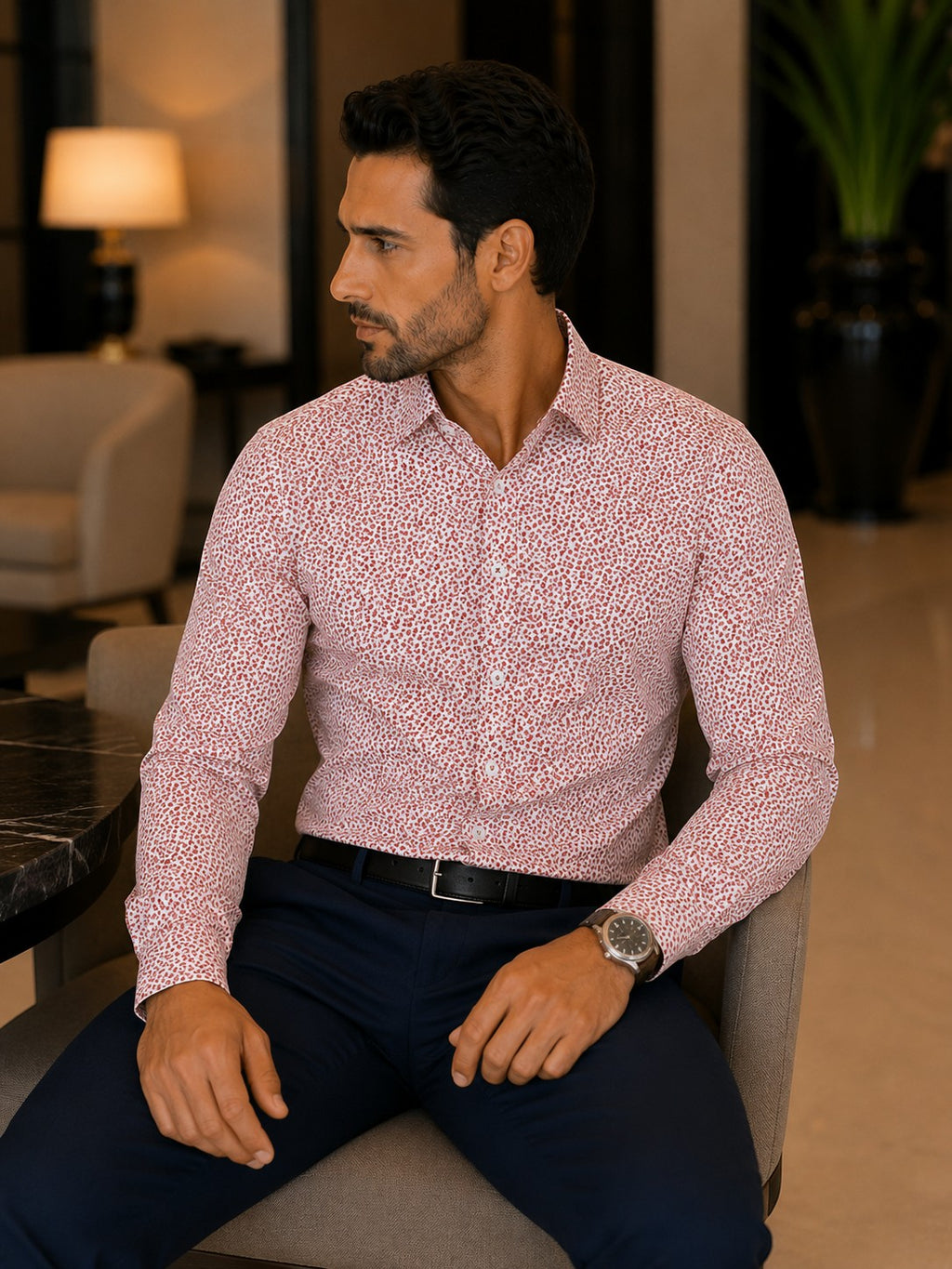 Barutti.ae Venti modern-fit dress shirt in red and white micro-floral cotton, worn by a man with navy trousers.