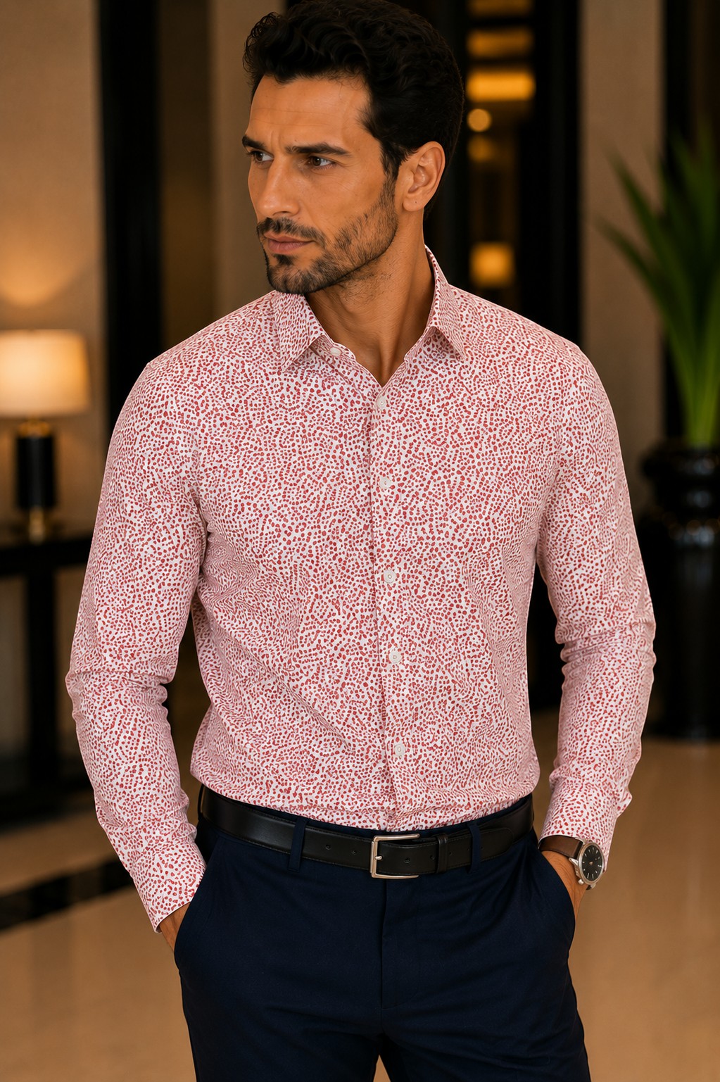 Barutti.ae Venti modern-fit dress shirt in red and white micro-floral cotton with a crisp spread collar.