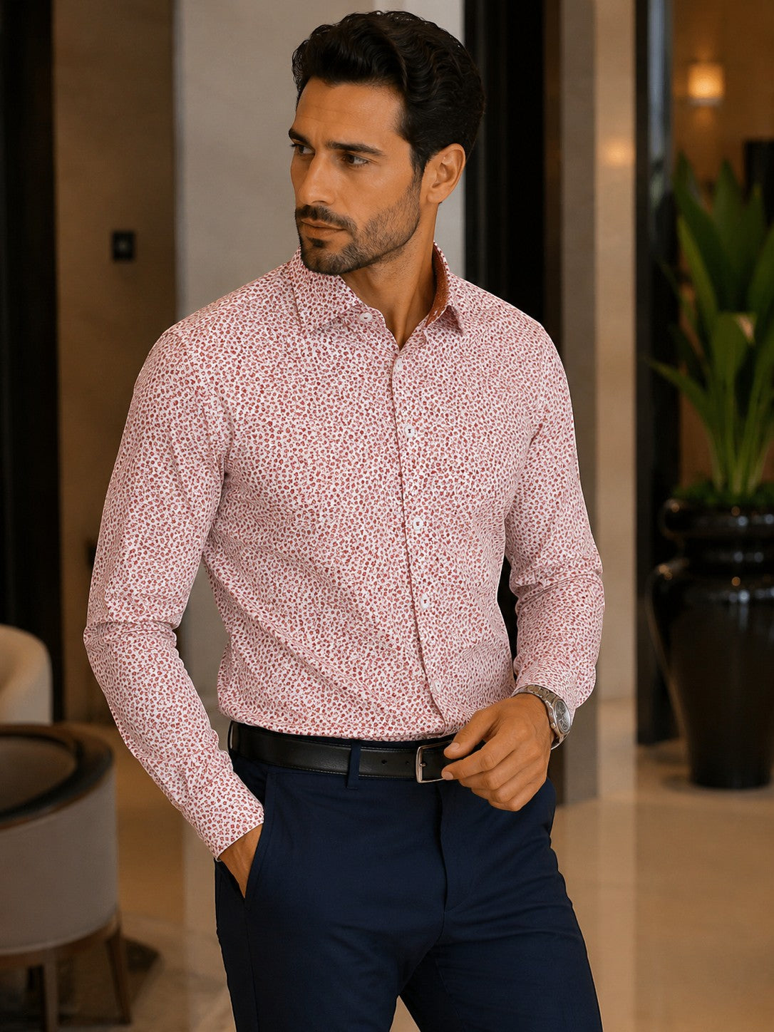 Barutti.ae Venti modern-fit dress shirt in red and white micro-floral cotton worn by a man with navy trousers.