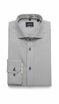 Barutti.ae Venti modern fit long sleeve dress shirt in black and white pinstripe with floral inner collar and cuffs.