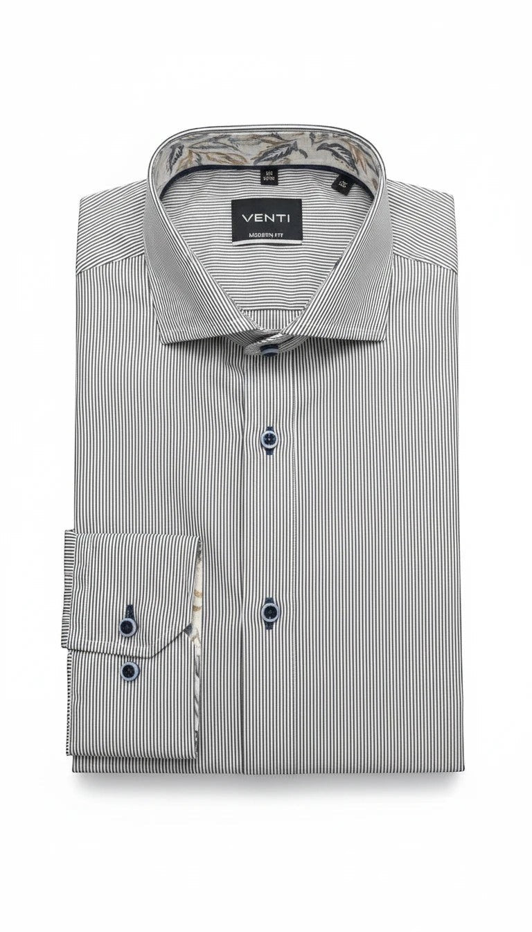 Barutti.ae Venti modern fit long sleeve dress shirt in black and white pinstripe with floral inner collar and cuffs.