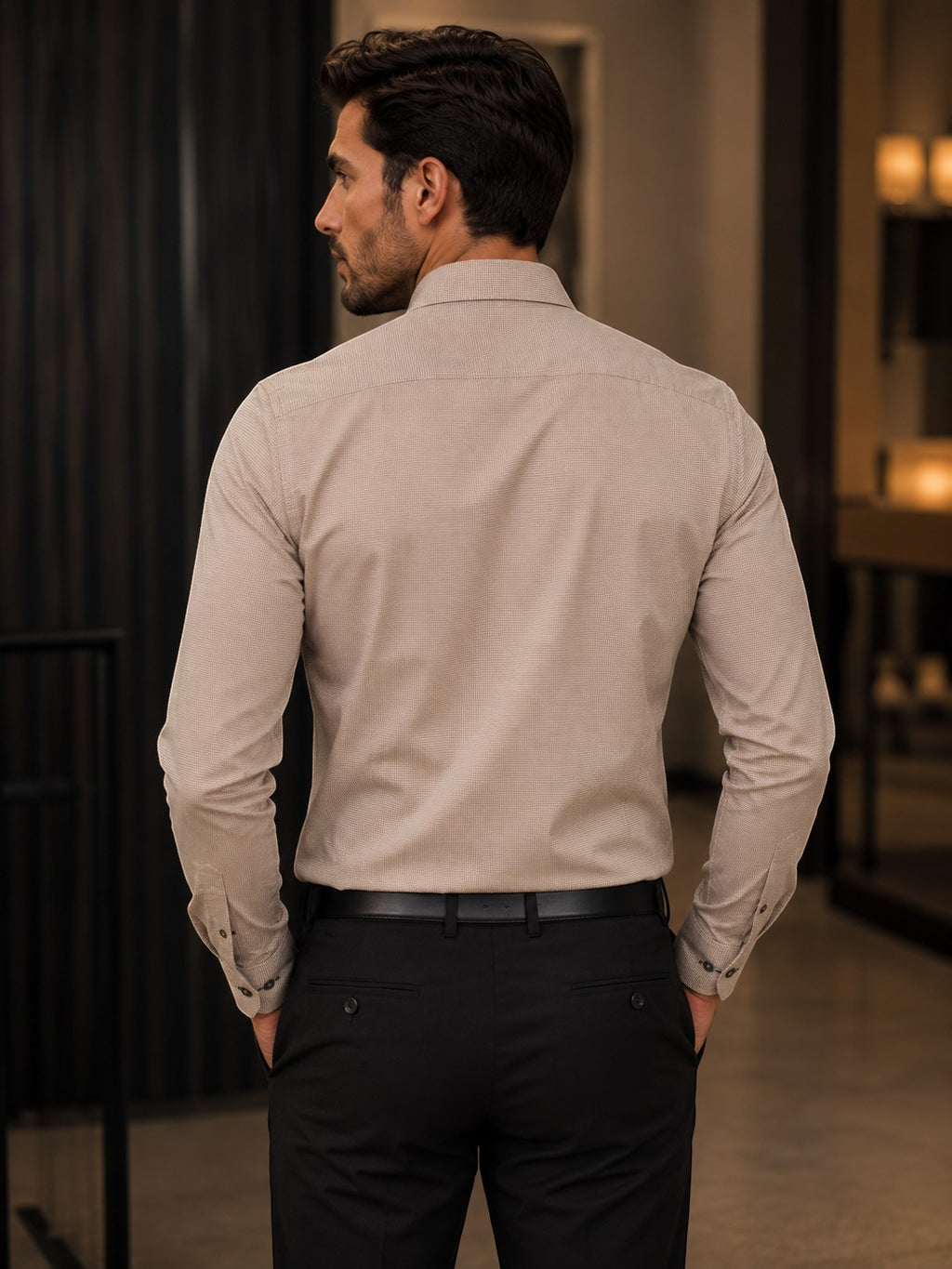 Barutti.ae Venti modern-fit tan micro-pattern long sleeve dress shirt worn by a man, back view.