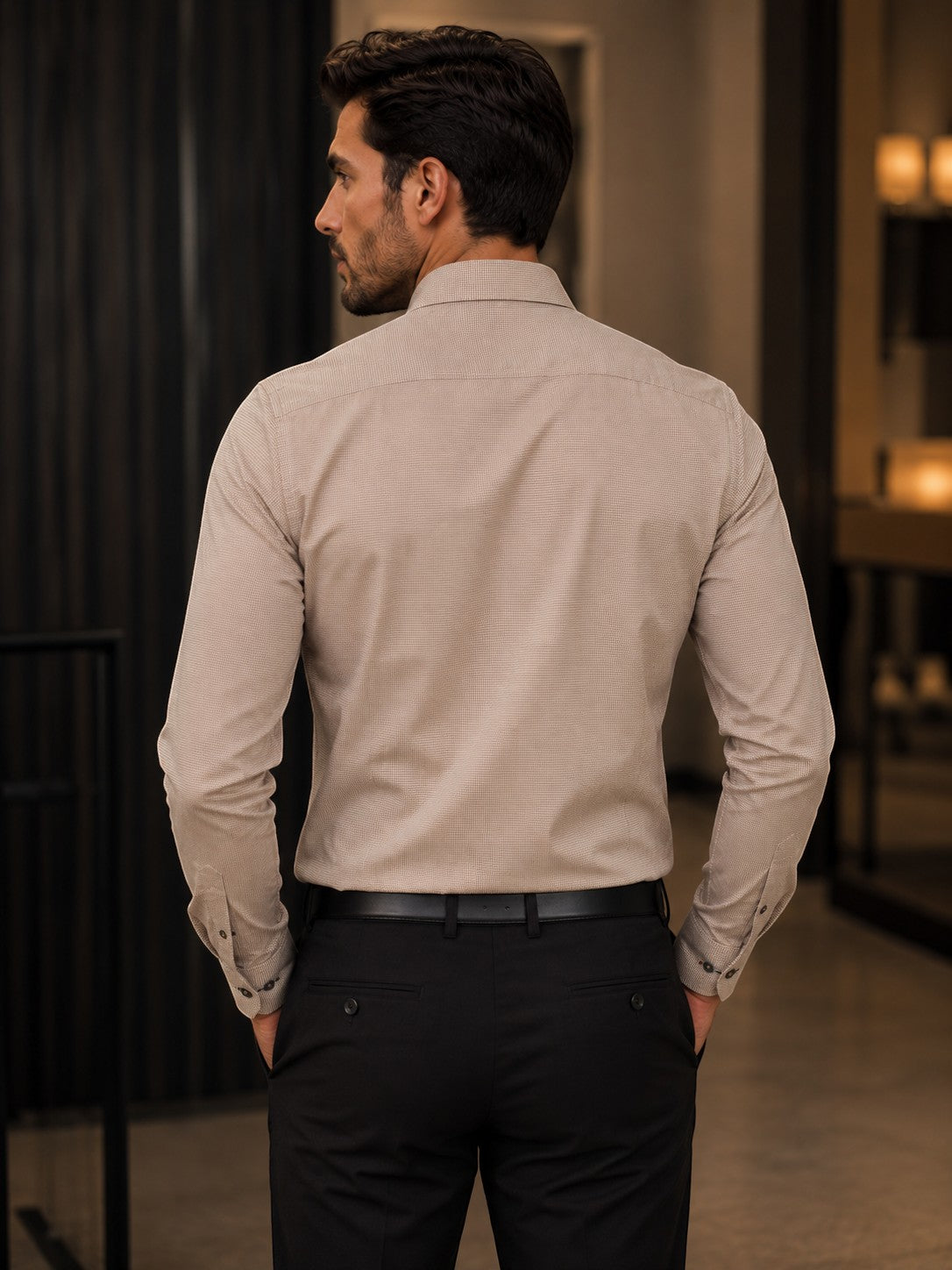 Barutti.ae Venti modern-fit tan micro-pattern long sleeve dress shirt worn by a man, back view.