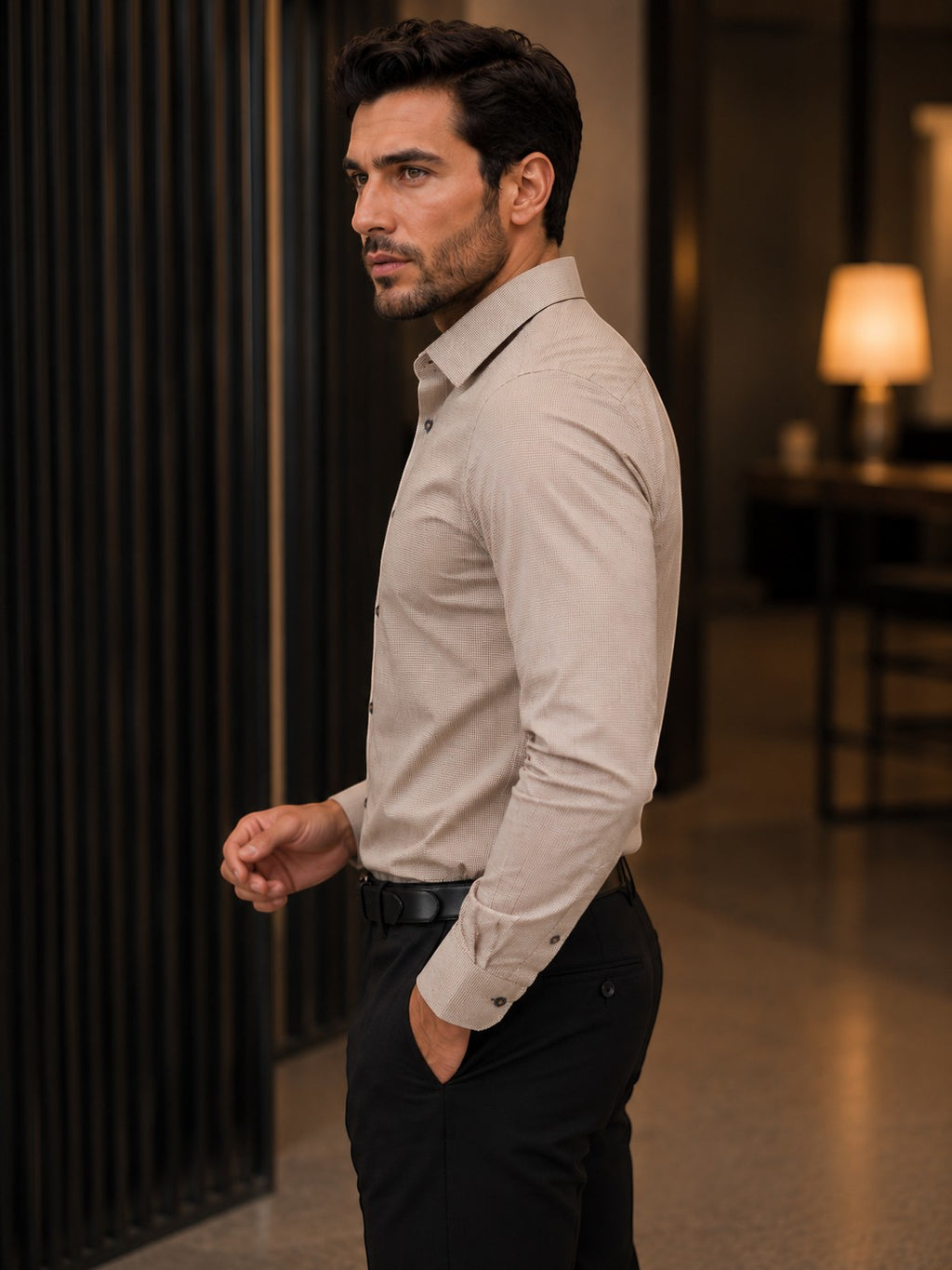 Barutti.ae Venti modern-fit tan micro-pattern long sleeve dress shirt worn by a man in a professional setting