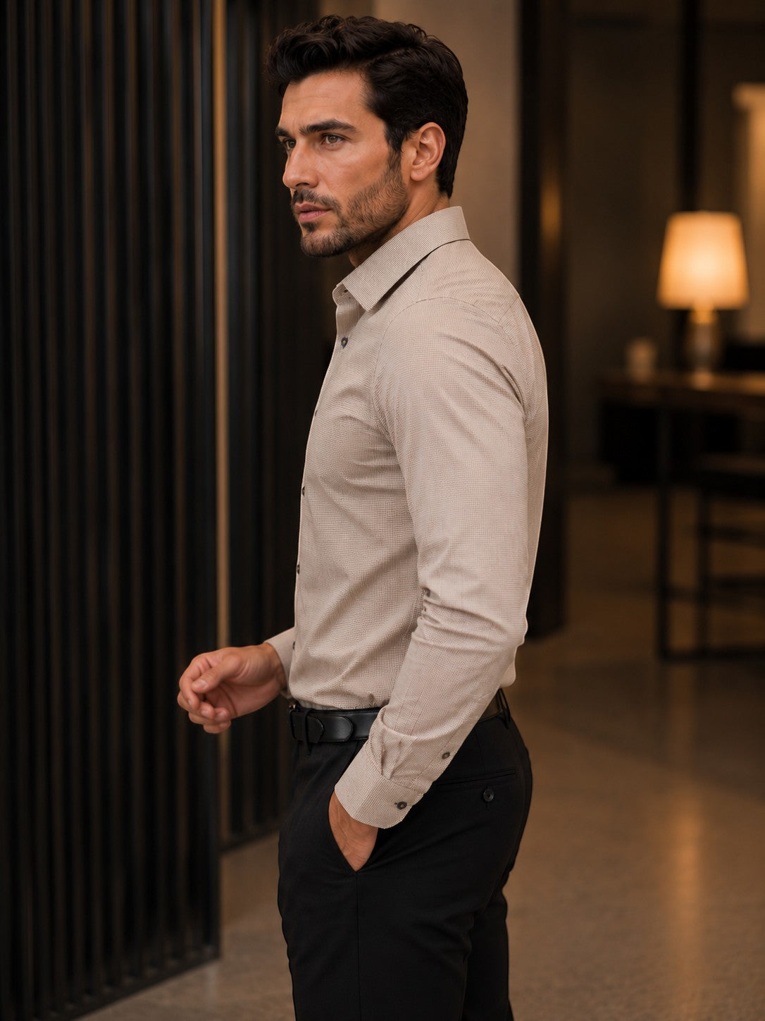 Barutti.ae Venti modern-fit tan micro-pattern long sleeve dress shirt worn by a man in a professional setting