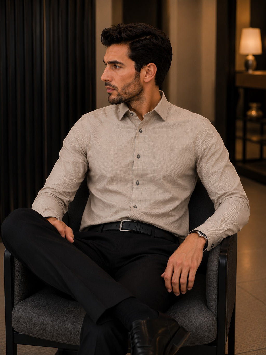 Barutti.ae Venti tan micro-pattern non-iron long sleeve dress shirt worn by a man in a modern fit.