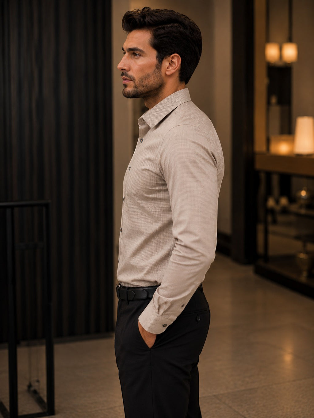 Barutti.ae Venti modern-fit tan micro-pattern long sleeve button down shirt worn by a man in a professional setting.