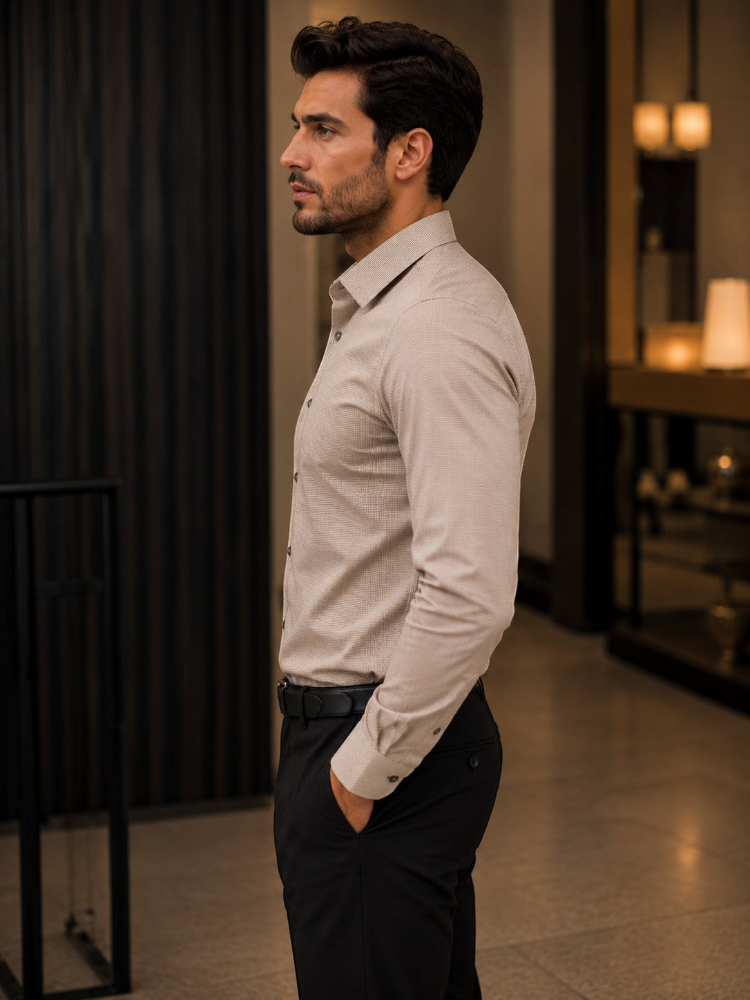 Barutti.ae Venti modern-fit tan micro-pattern long sleeve button down shirt worn by a man in a professional setting.