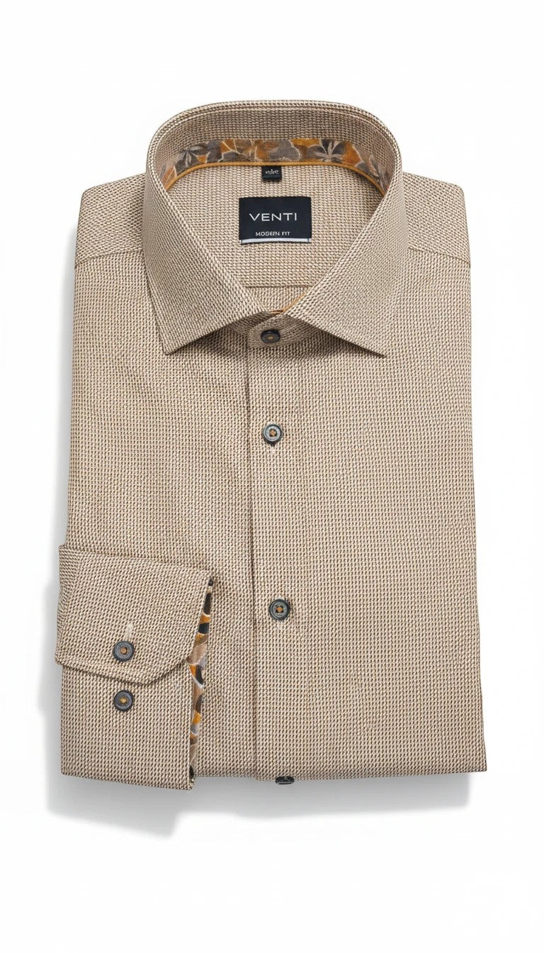 Barutti.ae Venti tan micro-pattern long sleeve button down shirt with contrasting interior collar and cuff lining.