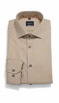 Barutti.ae Venti tan micro-pattern long sleeve button down shirt with contrasting interior collar and cuff lining.