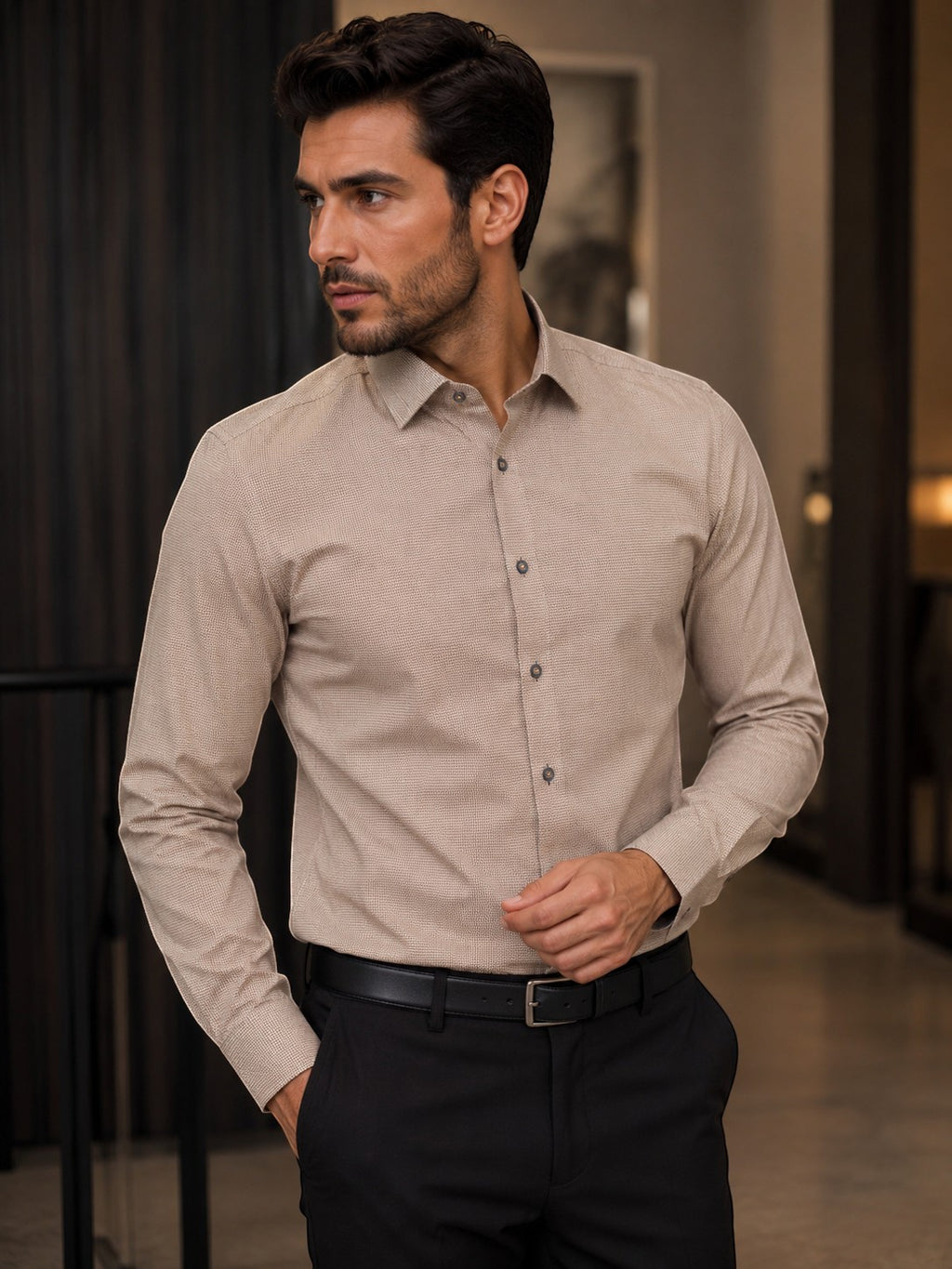 Barutti.ae Venti tan micro-pattern long sleeve button down shirt worn by a man in a modern fit.