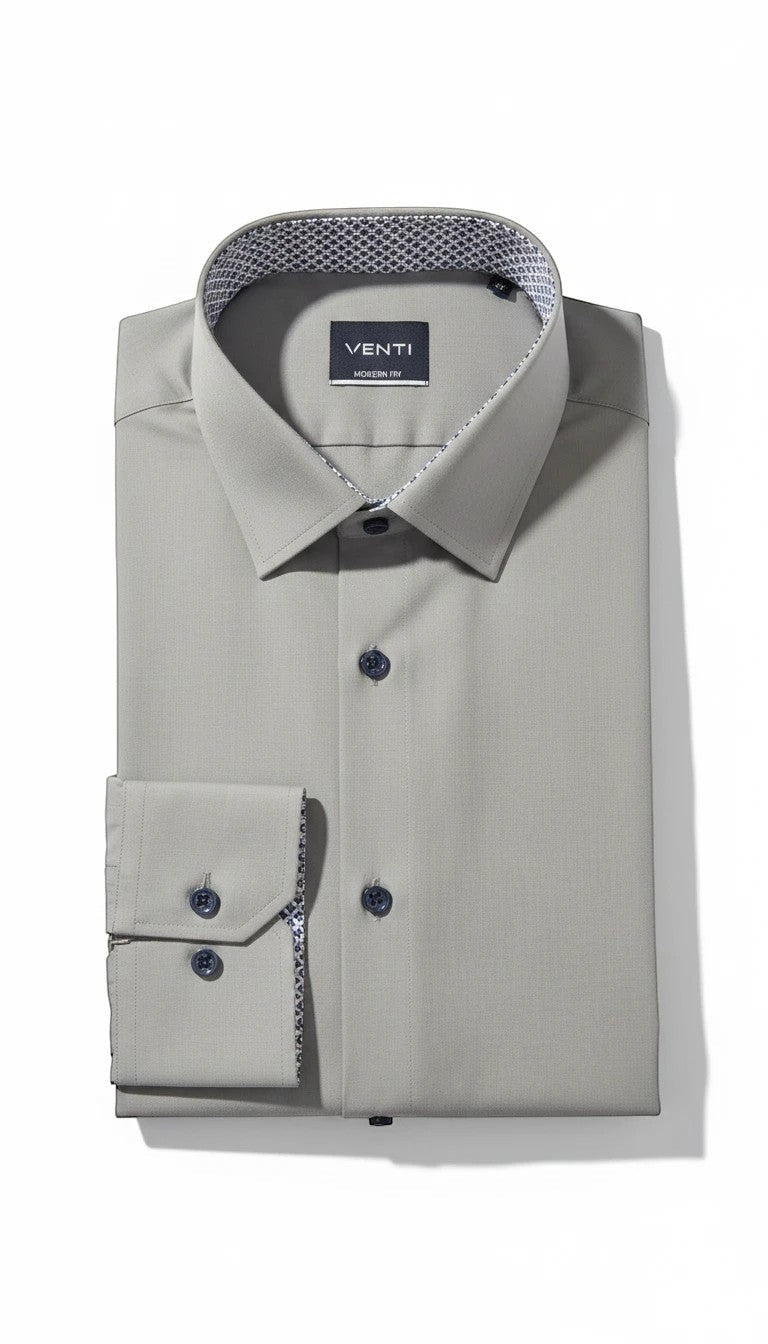 Venti stone olive non-iron long sleeve dress shirt with geometric pattern collar and cuff accents