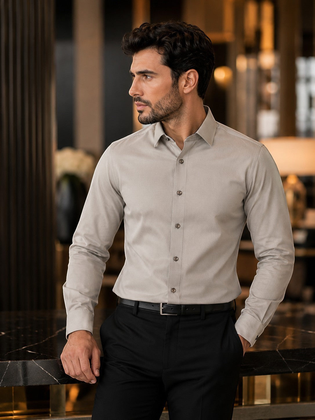 Venti modern-fit stone olive long sleeve dress shirt worn by a man with black trousers in a formal setting
