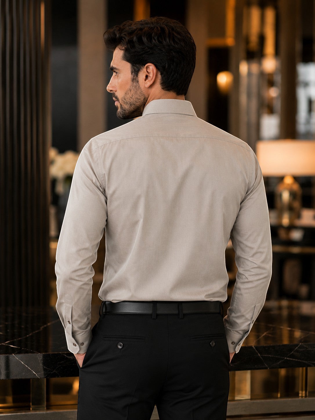 Venti modern-fit stone olive long sleeve dress shirt worn by a man, back view