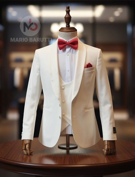 Mario Barutti white tuxedo jacket with a shawl collar, waistcoat, and red bow tie on a mannequin.
