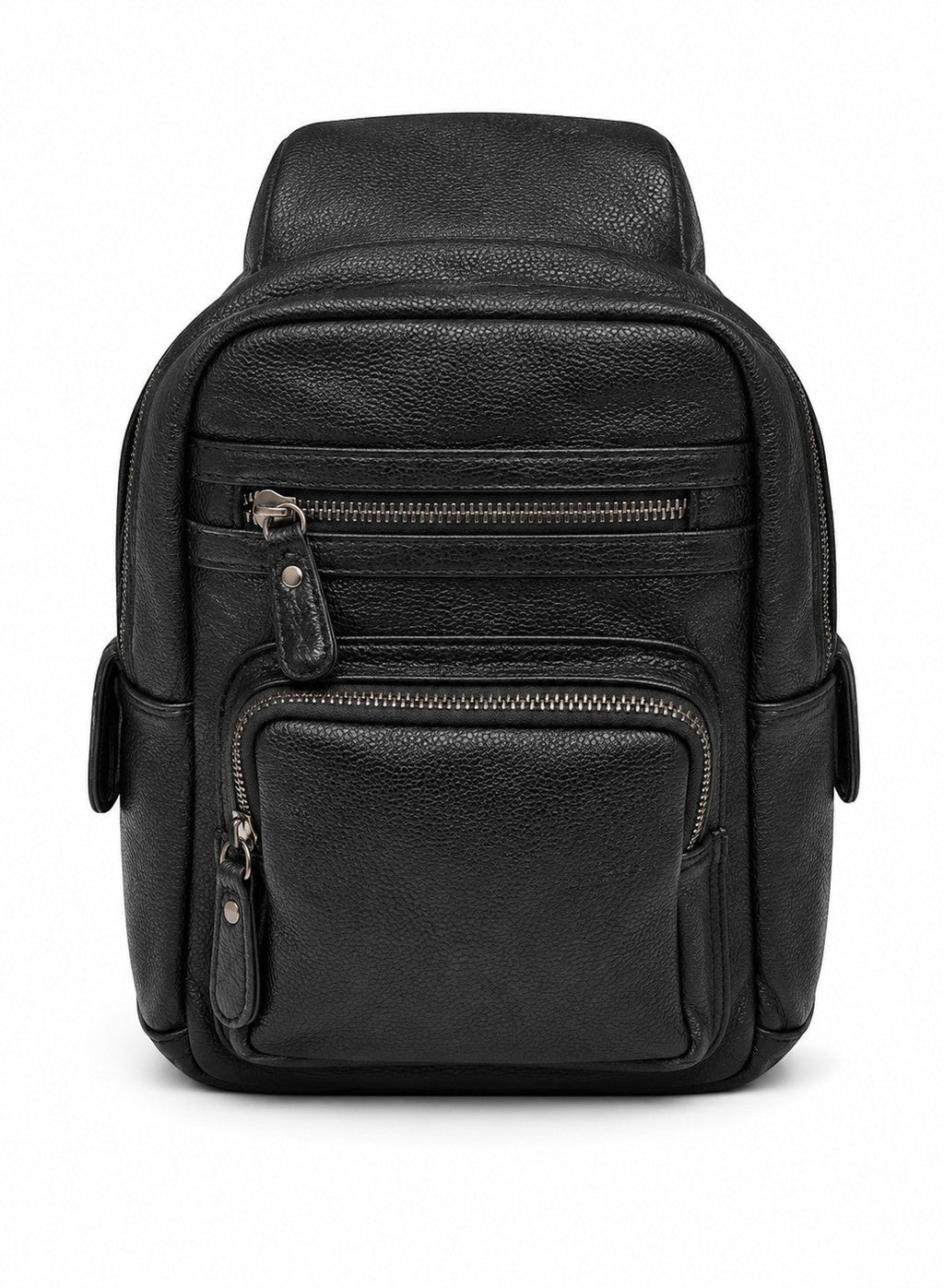 Barutti Amalfi black distressed leather sling backpack with brass zippers.
