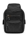 Barutti Amalfi black distressed leather sling backpack with brass zippers.