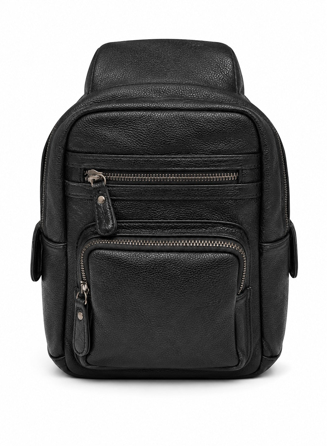Barutti Amalfi black distressed leather sling backpack with brass zippers.
