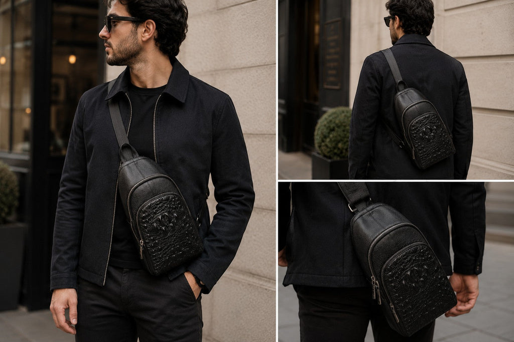 Man wearing a black Barutti leather sling bag with crocodile-embossed front panel and brass zips.