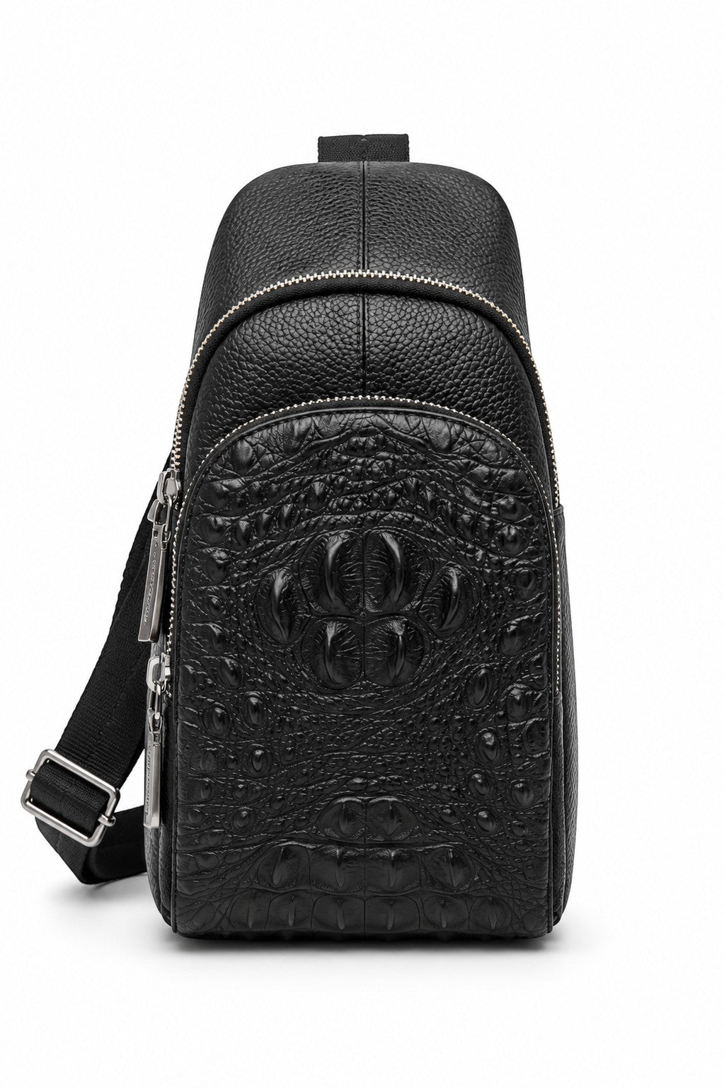 Barutti black leather sling bag with crocodile-embossed front panel and adjustable strap.