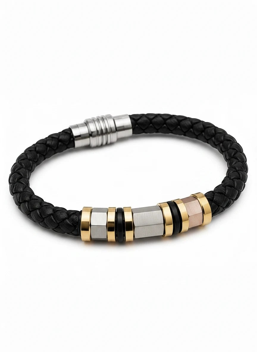 Barutti black braided leather bracelet with brushed stainless steel and gold-tone metal accents.