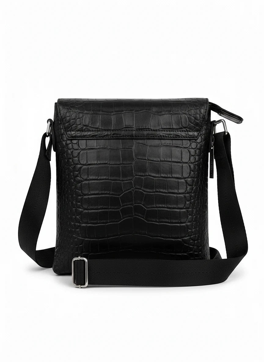 Barutti black leather crossbody bag with crocodile-embossed front panel and adjustable strap.