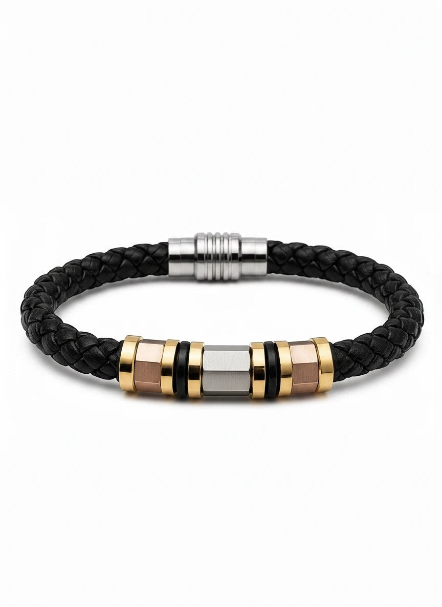 Barutti black braided leather bracelet with brushed stainless steel and gold-tone metal accents.