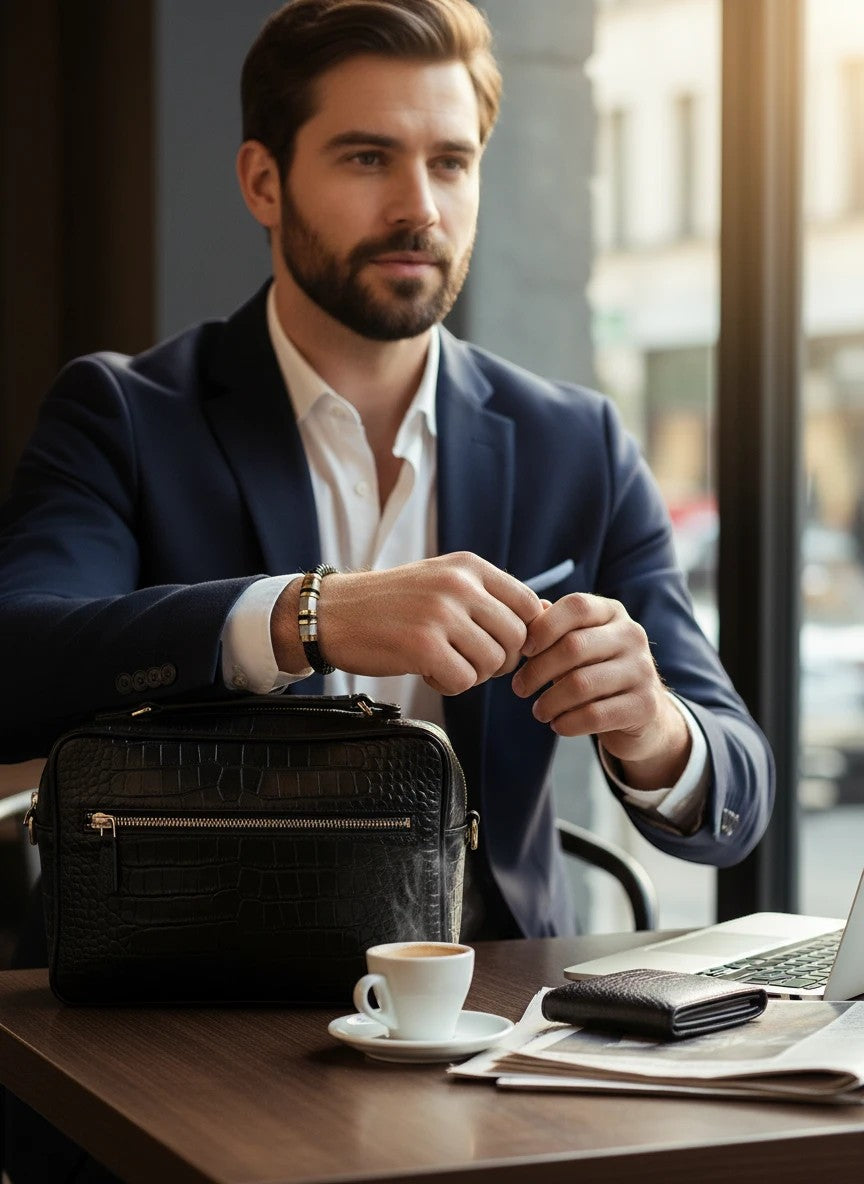 Man in a suit wearing a Barutti black braided leather bracelet with gold and steel accents.