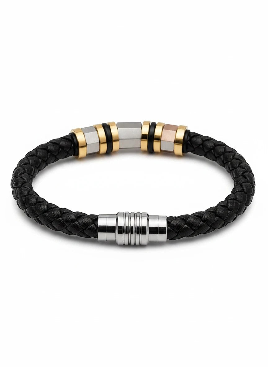 Barutti black braided leather bracelet with brushed stainless steel and gold-tone metal accents.