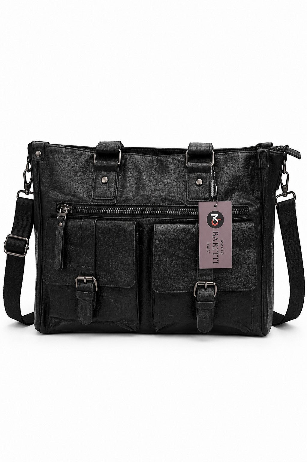 Barutti Brescia black leather holdall bag with dual front pockets and shoulder strap.