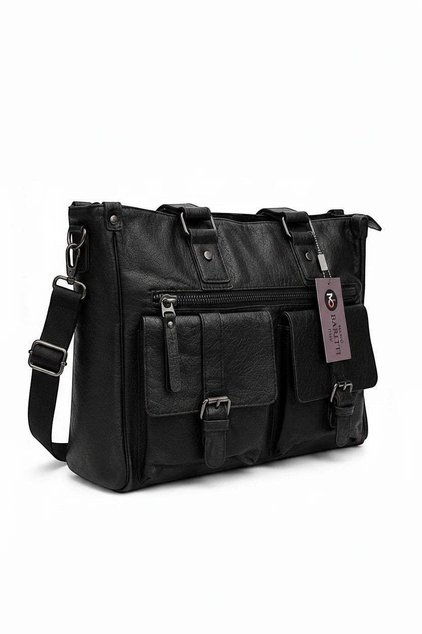 Barutti The Brescia black leather holdall bag with dual pockets and shoulder strap.