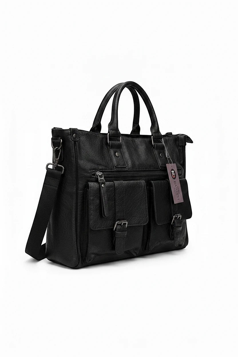 Barutti black leather holdall bag with dual handles, shoulder strap, and front pockets.
