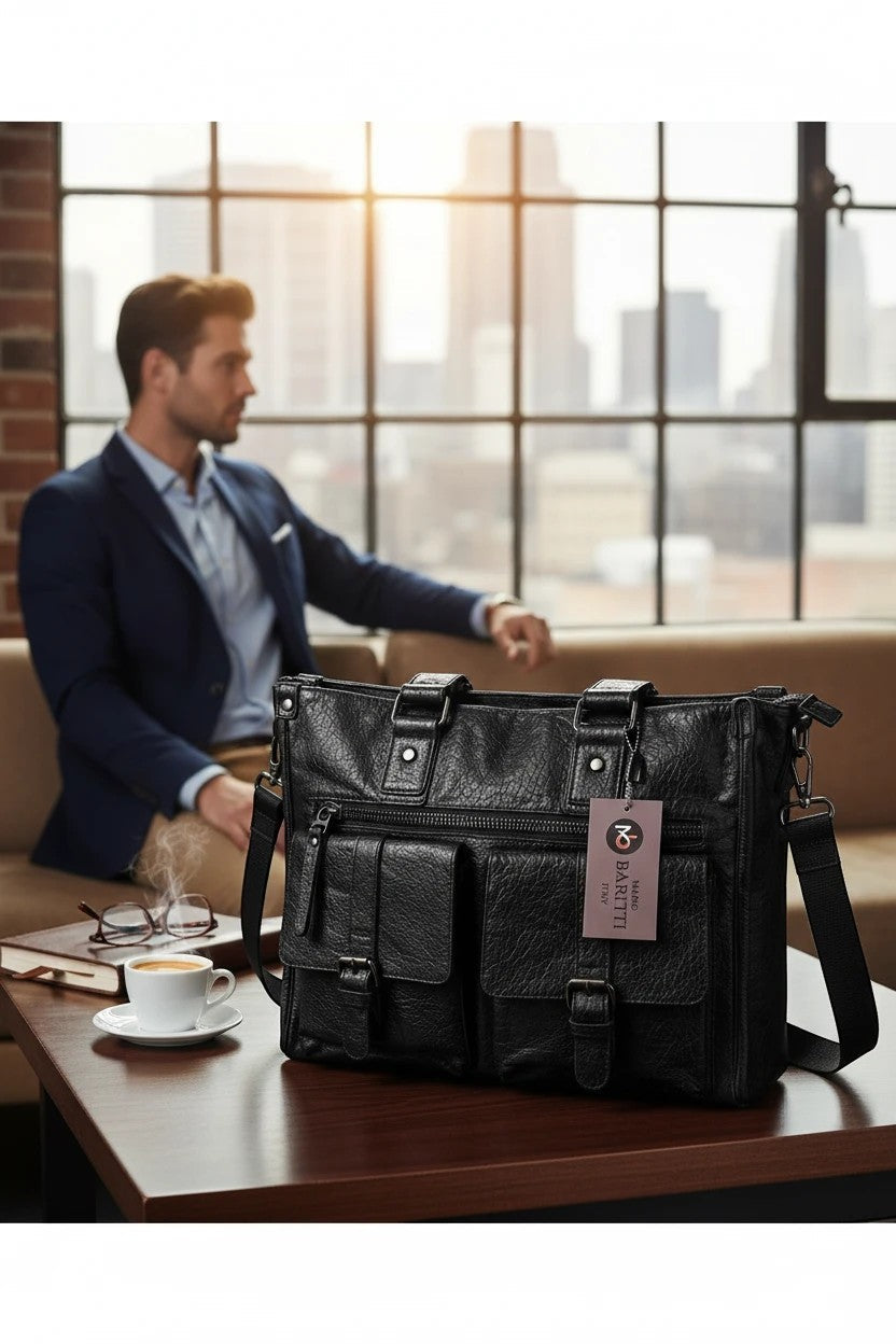 Barutti Brescia black leather holdall bag with front pockets on a table near a man.