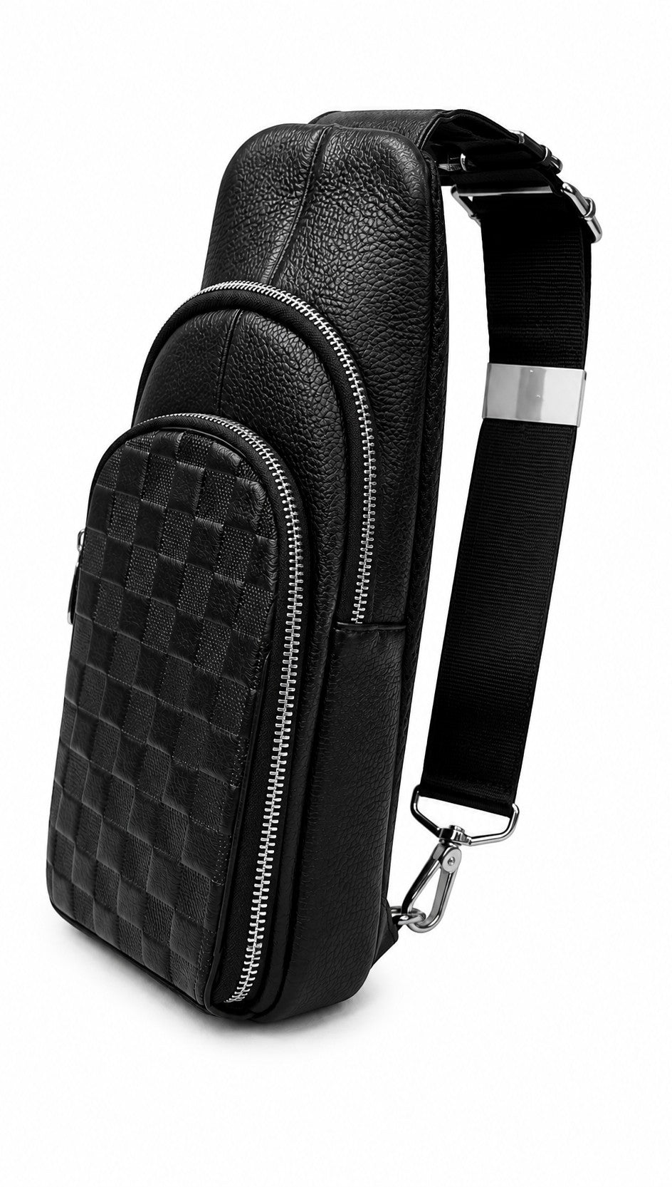 Barutti The Capri black leather chest sling with woven basket-texture panel and adjustable strap.